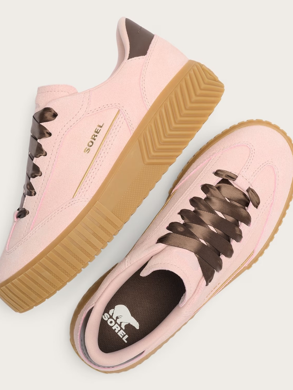 Sorel Pink Suede Platform Sneaker with Brown Satin Laces